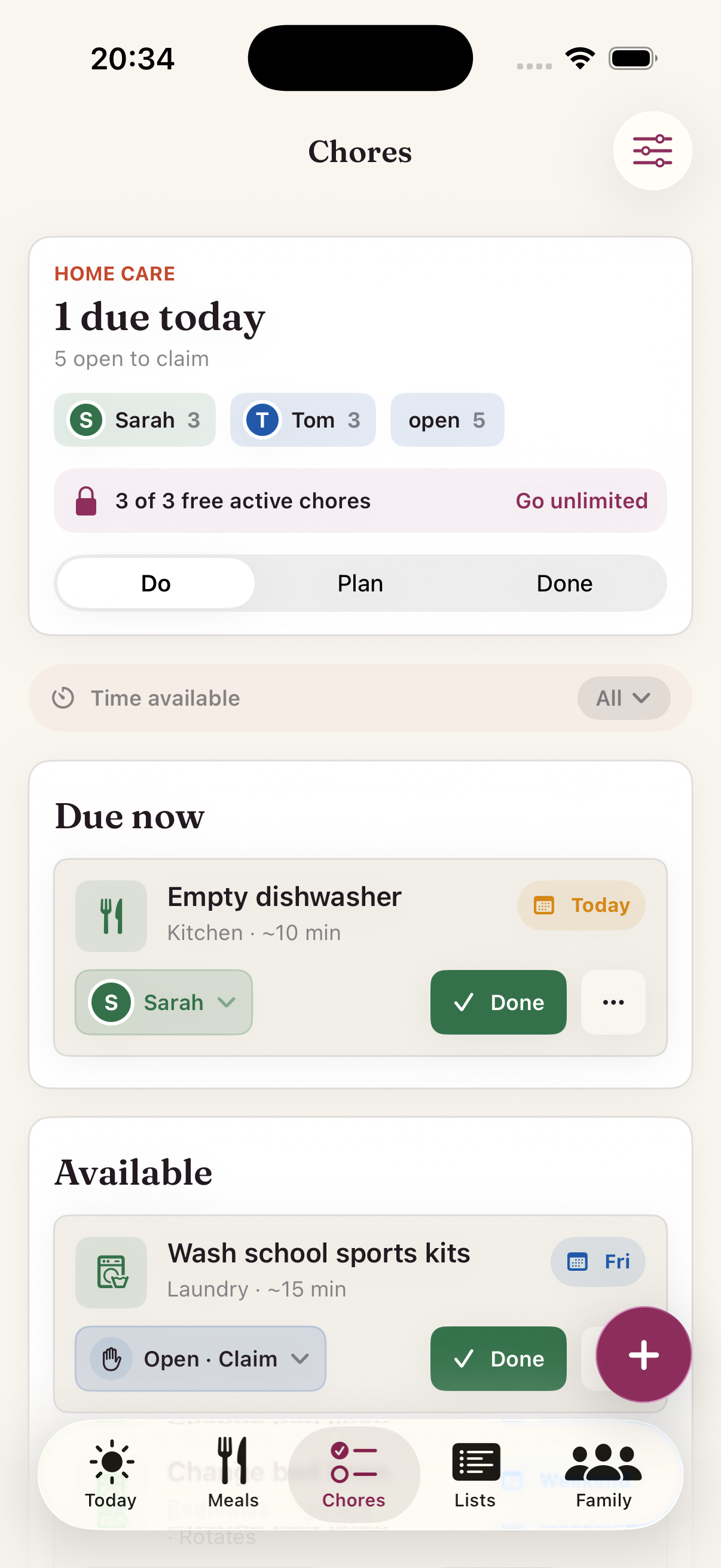 Chores screen with due and open chores
